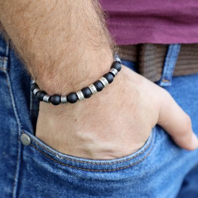 Onyx en Hematiet Mix Mannen Naam Armband - Sterling Zilver