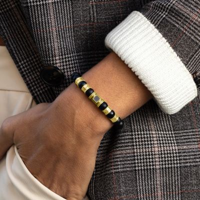 Namensarmband aus schwarzem Onyx für Damen mit Nano-Bibel [750er Gold Vermeil]