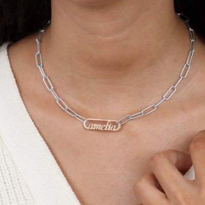 Paperclip Style Name Necklace [Sterling Silver / 18K Rose Gold Plated Pendant]