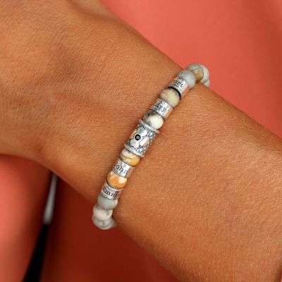 Tulpenarmband aus Picasso Jaspis mit Gravur - mit Schwarzem Kristall [Sterlingsilber]