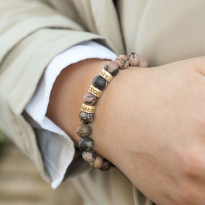 Bracelet Jaspe Rose avec Prénom pour Femme [Plaqué Or 18ct]
