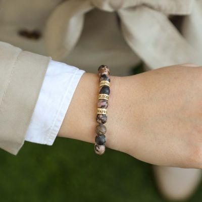 Bracelet Jaspe Rose avec Prénom pour Femme [Vermeil 18ct]