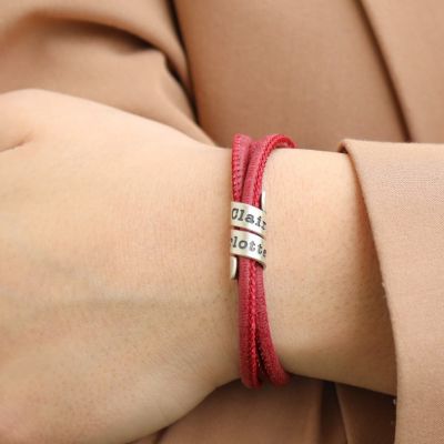 Bracelet Famille avec Prénoms pour Femme - Argent 925 [Daim Rouge]