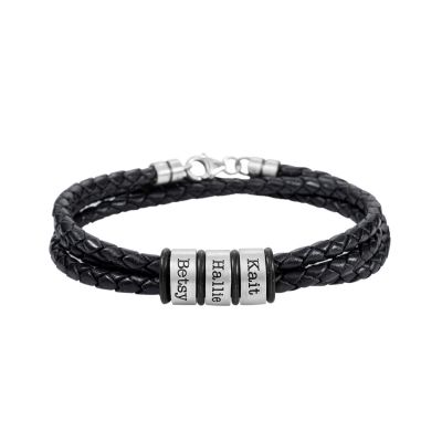 Men's Bracelet crafted in black leather comes with up to 7 engravings of your choice