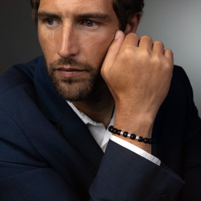 Serene Black Onyx Men Name Bracelet with sterling silver charms