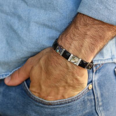 Bracelet Brillant Onyx et Coquilles d'Ormeau avec Noms pour Homme