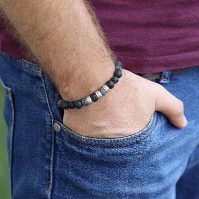 Bracelet Pierres de Lave et Agate Avec Noms Pour Hommes - Argent 925