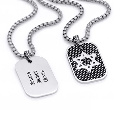 Star of David Tag Engraved Necklace For Men - Sterling Silver