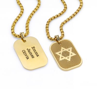 Star of David Tag Engraved Necklace For Men - 18K Gold Plated