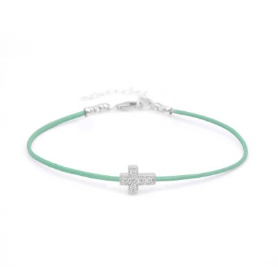 Crystal Cross Bracelet - Green Cord [Sterling Silver]