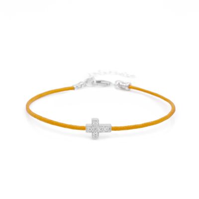 Crystal Cross Bracelet - Orange Cord [Sterling Silver]