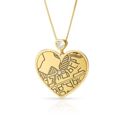 Ties of Heart Engraved Map Necklace with Heart Diamond [18K Gold Plated]