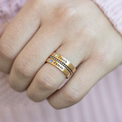 Name and Birthstone Rings Stack [Gold Plated]