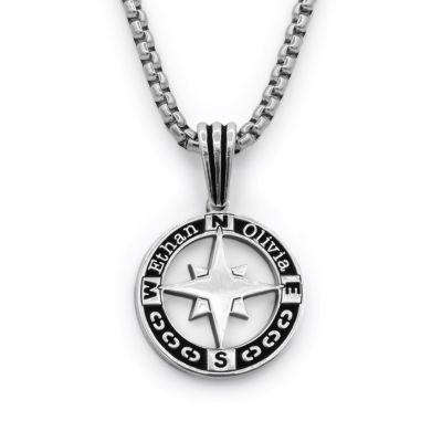 True North Compass Men Name Necklace - Sterling Silver