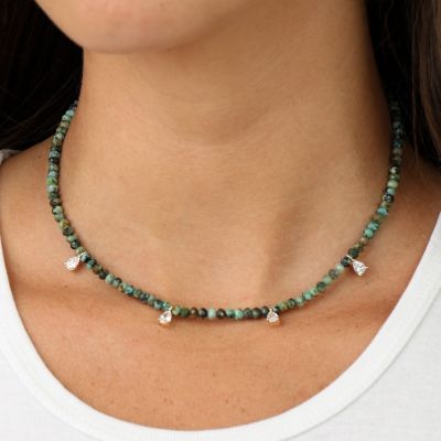 Turquoise Beaded Necklace with Crystal Charms