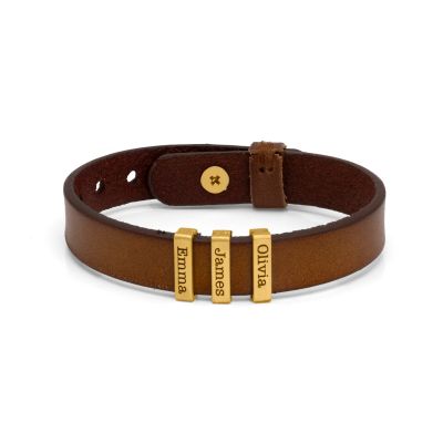 Wanderer's Journey Men Name Bracelet - Antique Brown Leather [18K Gold Plated]