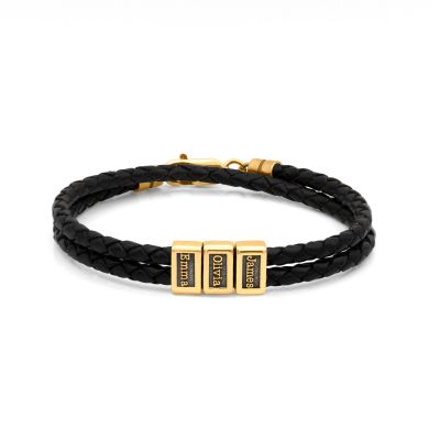 Leather Bracelet with Engraved Names for Men - 18K Gold Plated