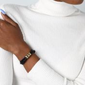 Naam Armband met Gegraveerde Kralen - Goud Verguld [Zwart Leer]