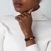 Naam Armband met Gegraveerde Kralen - Goud Verguld [Zwart Leer]