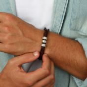 Men Leather Bracelet with Engraved Beads in Sterling Silver
