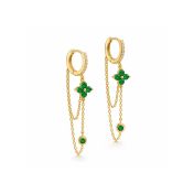 Double Chain Emerald Flower Hoop Earrings [18K Gold Plated]