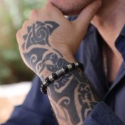 Bracelet Onyx Noir Prénom avec Boussole pour Homme