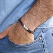 Men Dark Brown Bracelet with Engraved Wrap Sphere in Silver