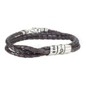 Men Dark Brown Bracelet with Engraved Wrap Sphere in Silver