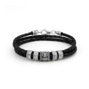 Evil Eye Men Name Bracelet in Silver [Black Leather]