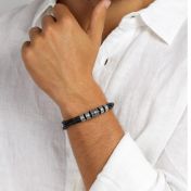 Evil Eye Men Name Bracelet in Silver [Black Leather]
