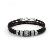 Bracelet Hamsa avec Prénoms pour Homme [Argent 925 / Cuir Marron]