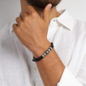 Hamsa Herrenarmband aus Sterlingsilber [Schwarzes Leder]