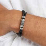 Hamsa Herrenarmband aus Sterlingsilber [Schwarzes Leder]