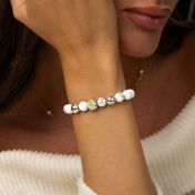 Howlite Birthstone Beaded Bracelet – Engraved Spheres [Silver]