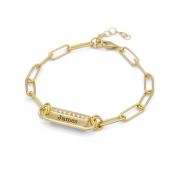 Link Chain Hexa Bar Engraved Bracelet - White Crystals [18K Gold Plated]