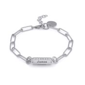 Link Chain Hexa Bar Engraved Bracelet - White Crystals [Sterling Silver]