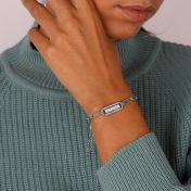 Link Chain Hexa Bar Engraved Bracelet - White Crystals [Sterling Silver]