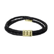 Naam Armband met Gegraveerde Kralen - Goud Verguld [Zwart Leer]