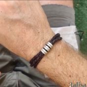 Men Brown Bracelet with Engraved Spheres in Silver