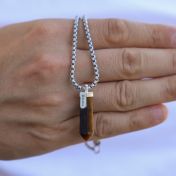 Herrenkette aus braunem Tigerauge mit Gravur - Sterlingsilber