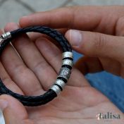 Bracelet Boussole avec Prénoms pour Homme [Argent 925 / Cuir Noir]