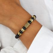 Bracelet Onyx Noir Liens du Cœur avec Prénoms pour Femme - Plaqué Or 18ct