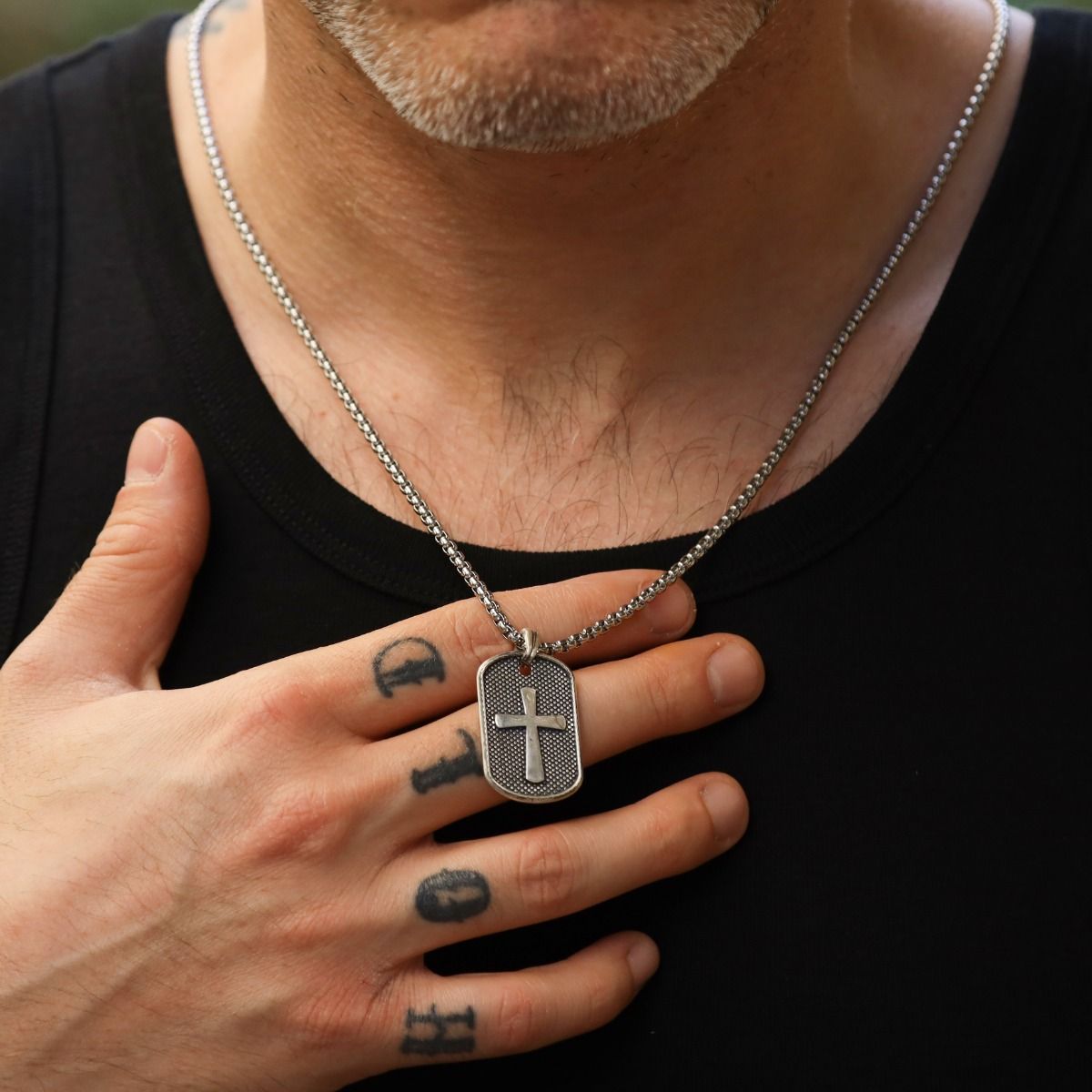 Cross Tag Engraved Necklace for Men - Sterling Silver