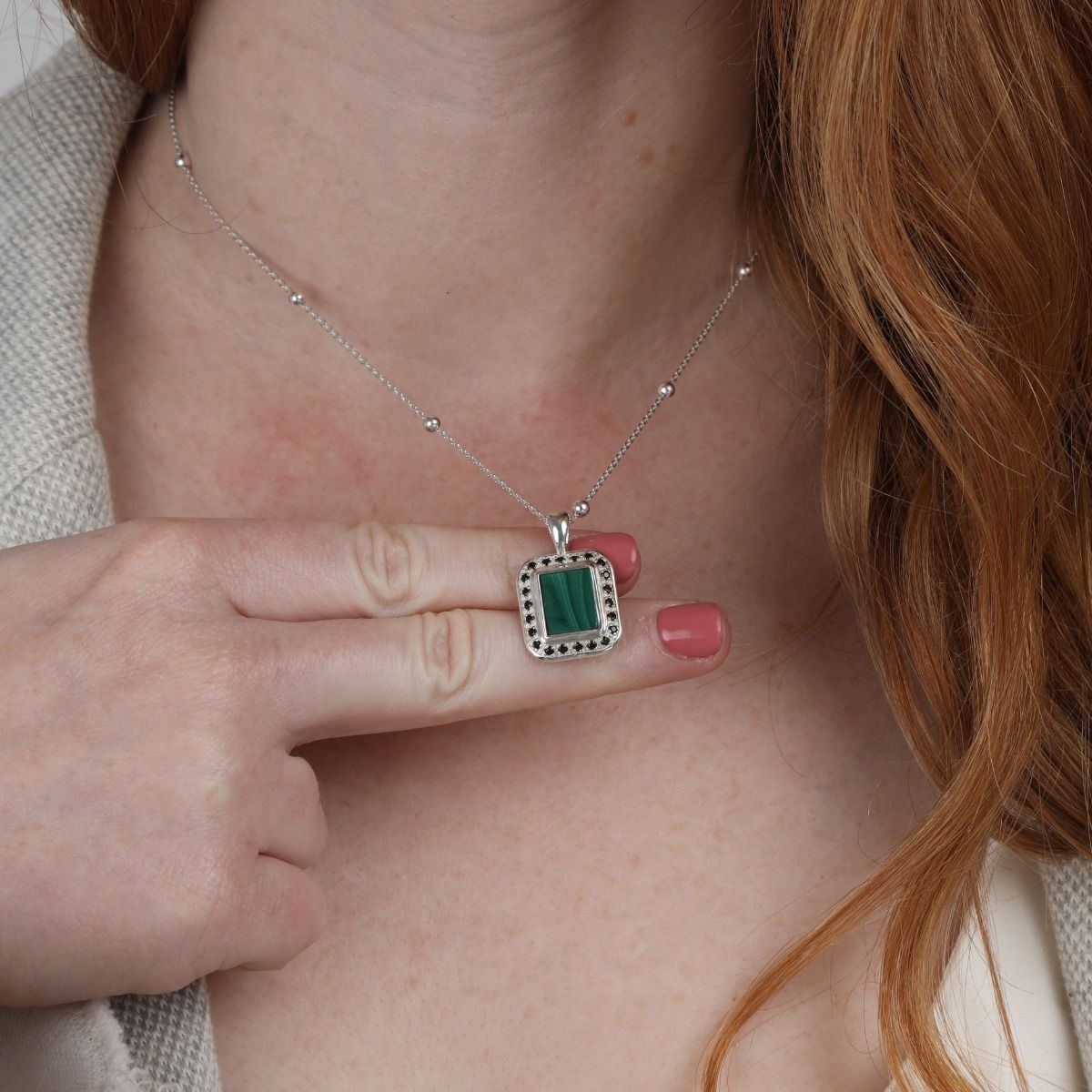 Collana Tocco della Natura di Malachite - Cristalli Neri [Argento 925]