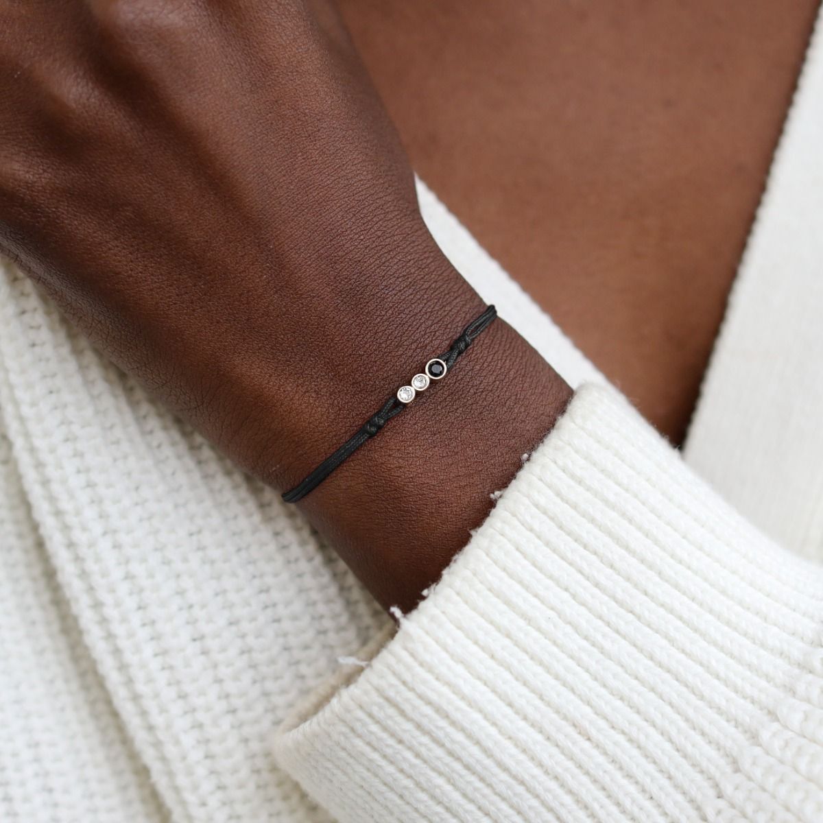 A Mother's Love Diamond Bracelet - Black String [Black & White Diamonds / 14 Karat Gold] - 1 Large Black Diamond + 2 Small White Diamonds