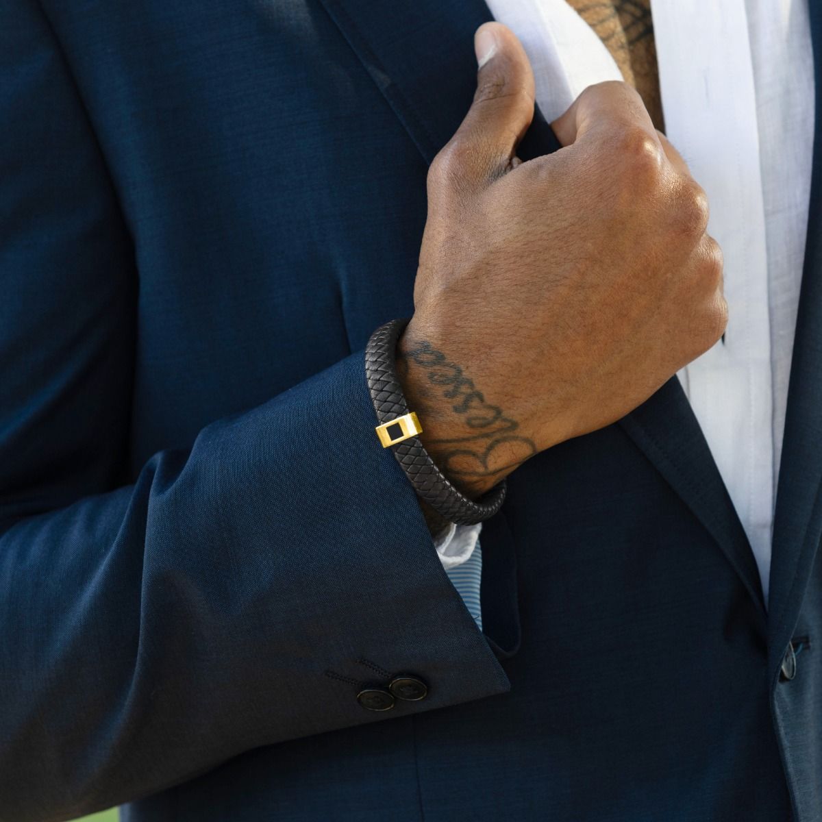 Black Leather Men Bracelet with Nano Bible - 18K Gold Vermeil