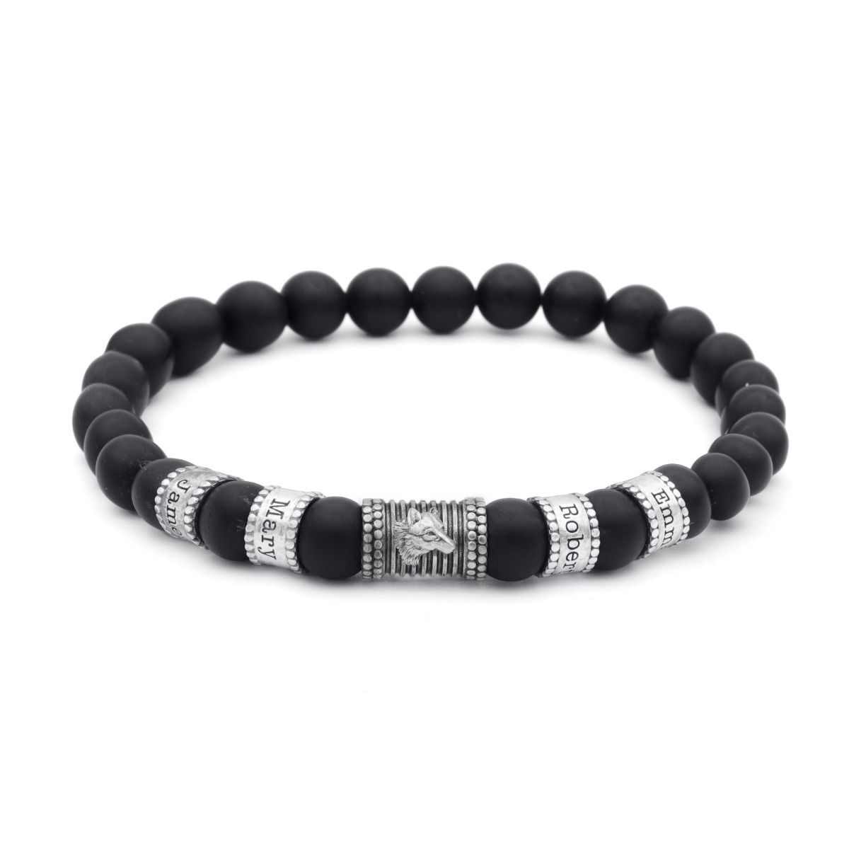Wolf Familien Damenarmband aus schwarzem Onyx mit Gravur