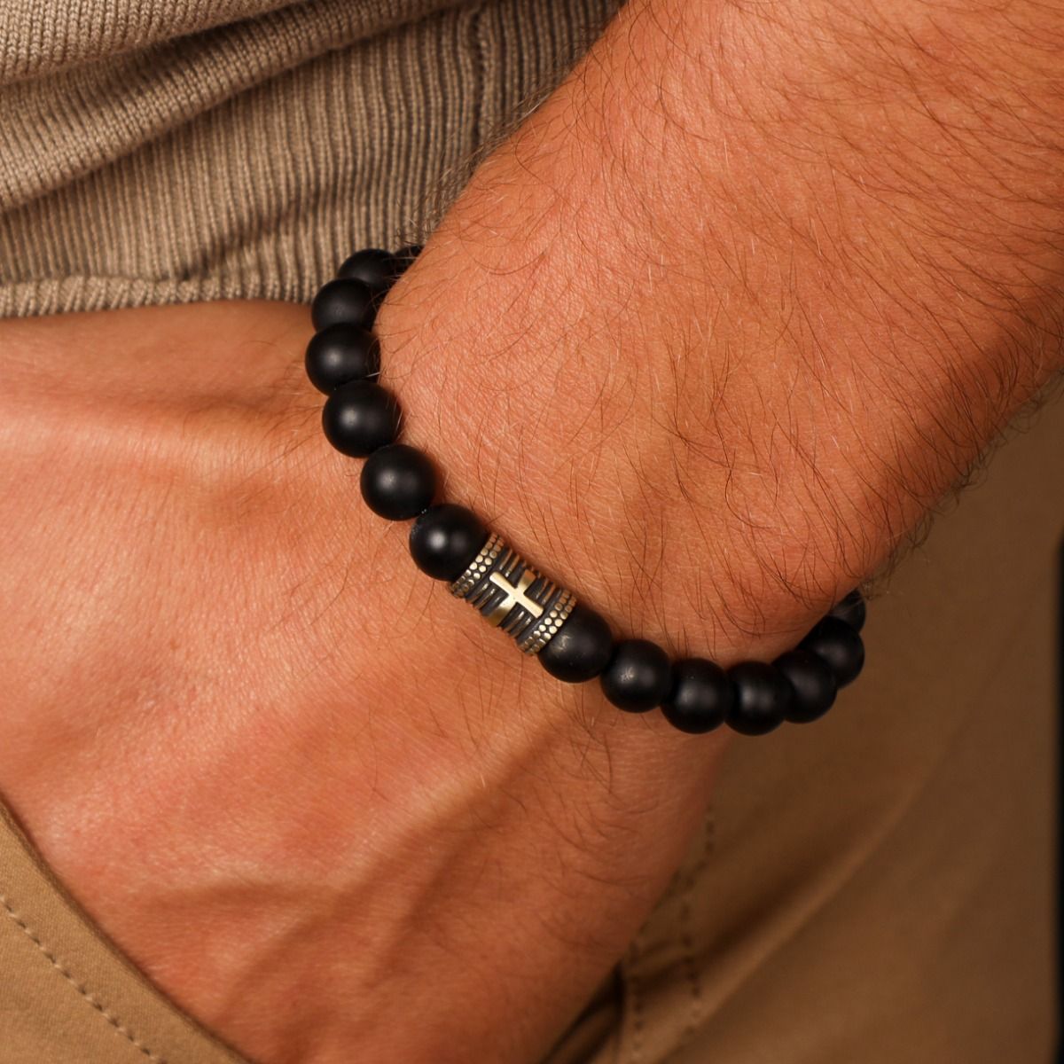 Black Onyx Cross Men Bracelet - Vintage Yellow