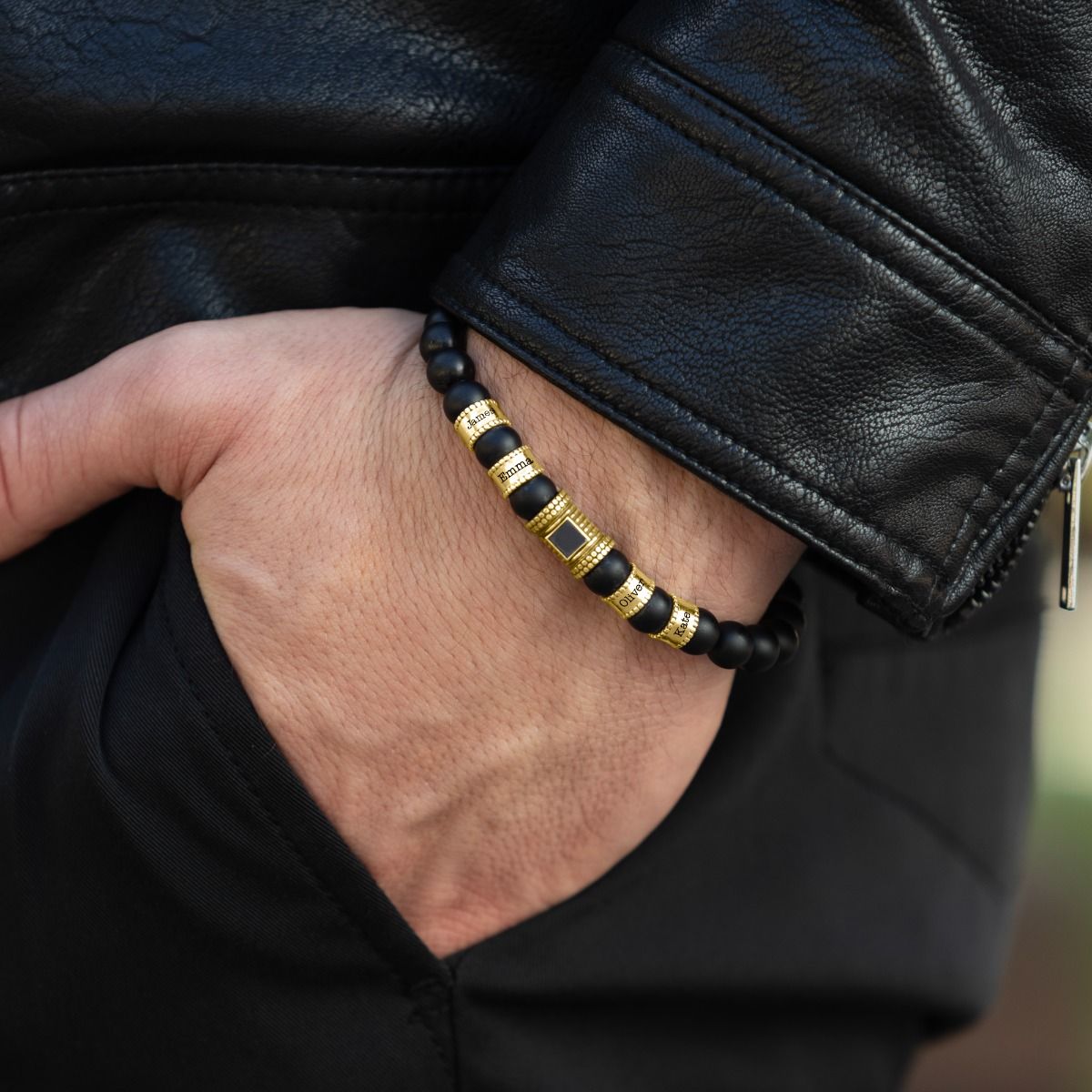 Black Onyx Men Name Bracelet With Nano Bible [18K Gold Plated]