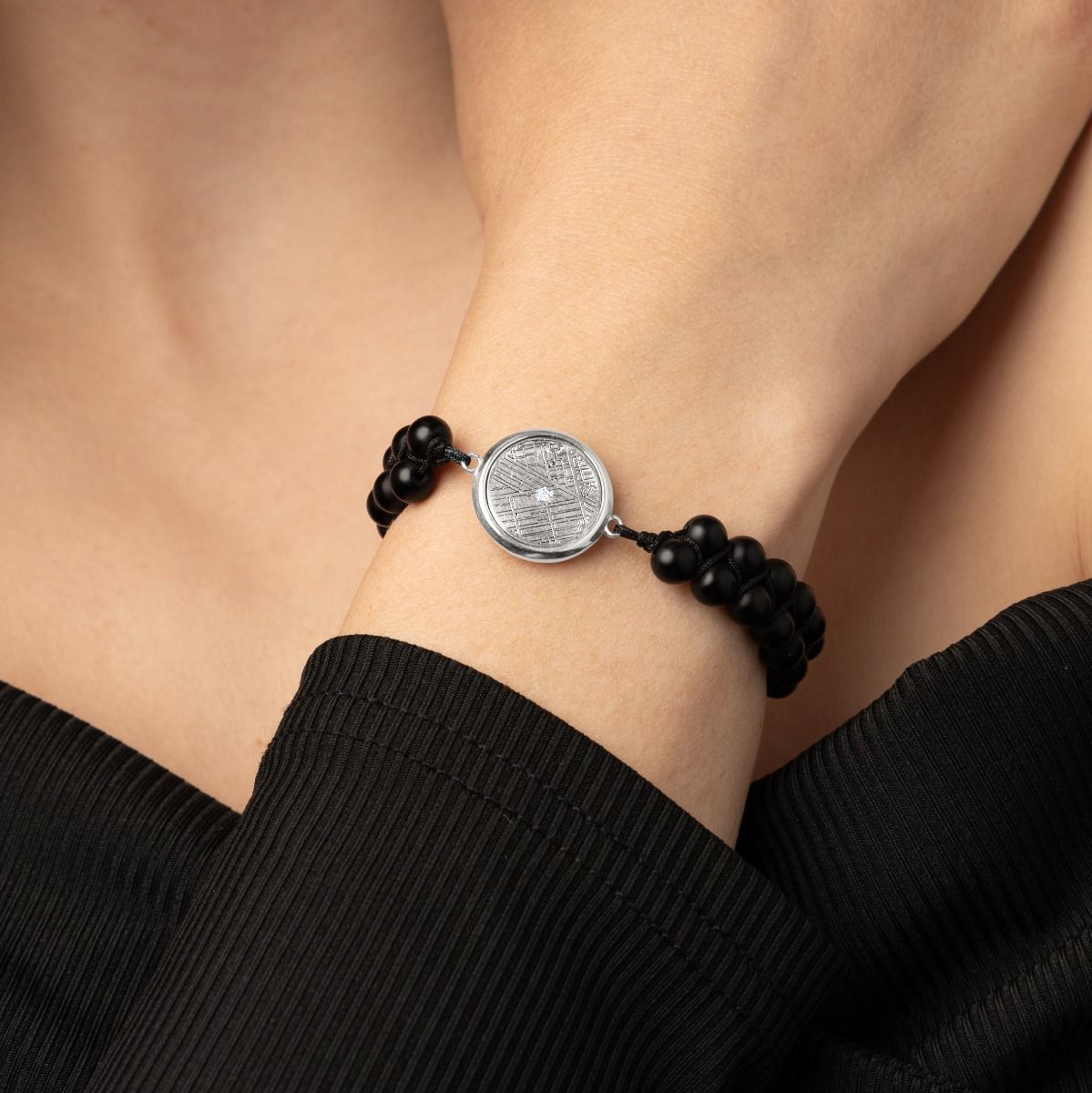 Gravierte Karte Armband aus Schwarzem Onyx [Sterlingsilber]